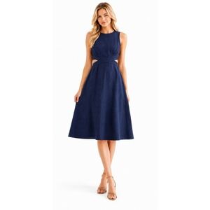 Blue Linen Midi Dress XXL Sleeveless Fit Flare Cut Out Waist Minimalist Preppy